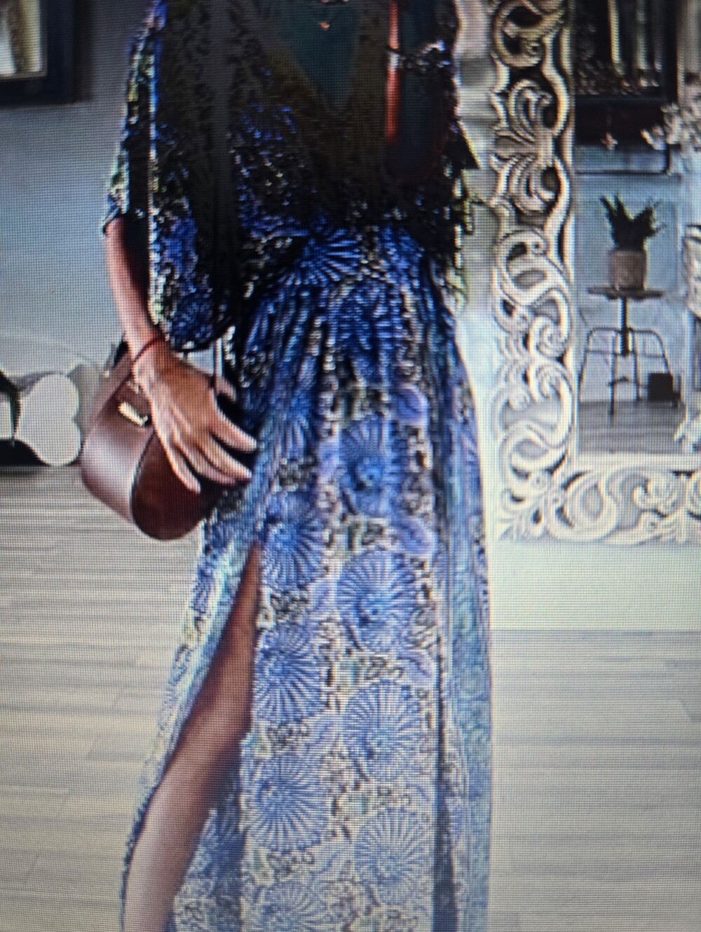 Blue Patterned Boho Maxi Dress with Side Slit
